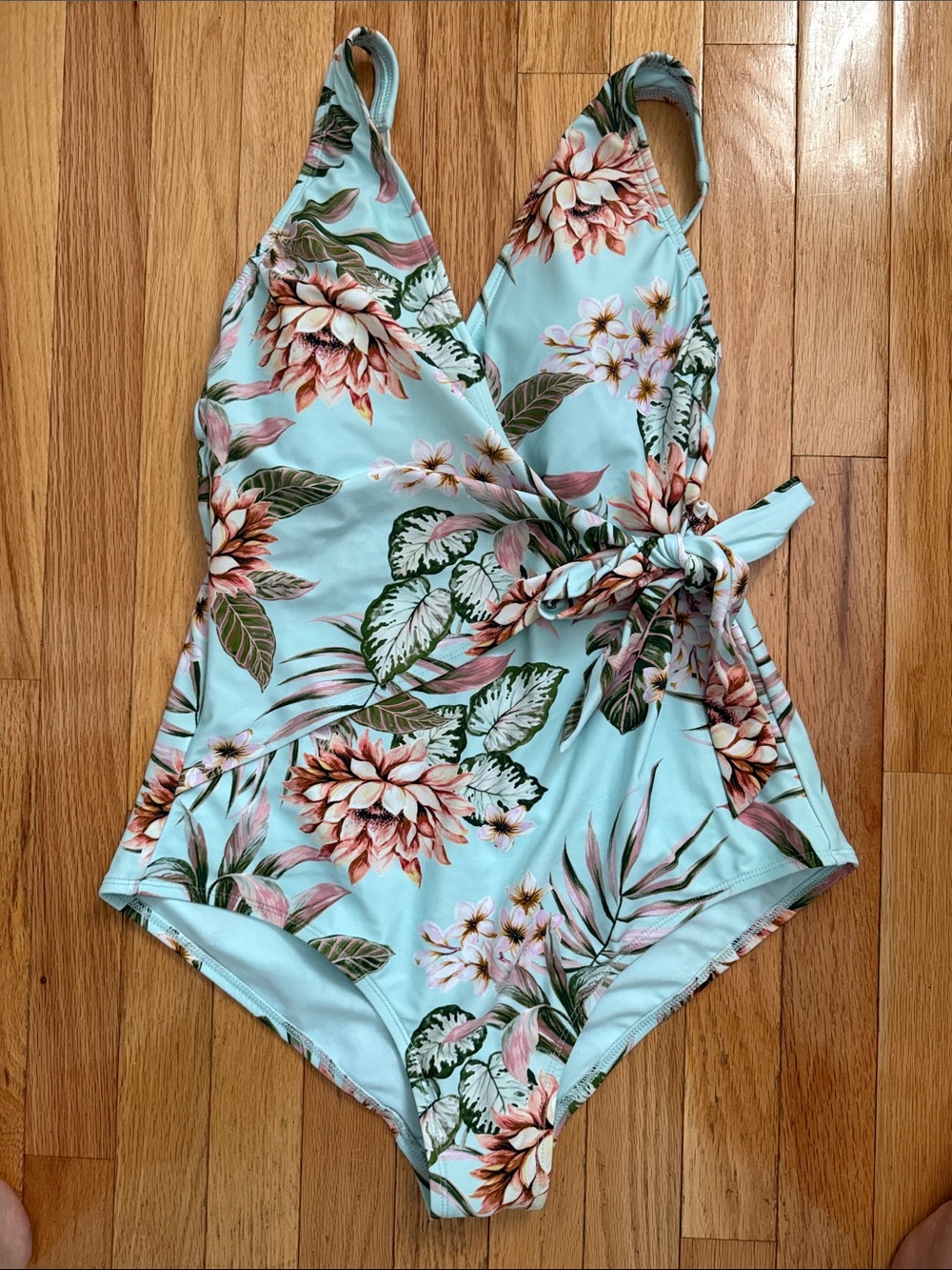 Kona Sol Aqua Floral Wrap One-Piece Swimsuit with Pink and Green Accents
